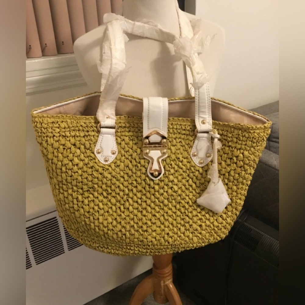 NEW Michael Kors Mustard Yellow Woven Straw Tote with White Leather Trim